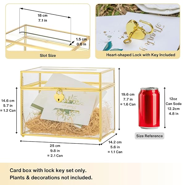 NCYP SMALL 9.8″ X 5.6″ X 7.7″ GLASS WEDDING CARD BOX WITH SLOT AND LOCK – BIRTHDAY PARTY RECEPTION, INDOOR TABLETOP CENTERPIECE, GOLD DECORATION – SLOT LENGTH 7.1 INCHES (GLASS BOX ONLY)