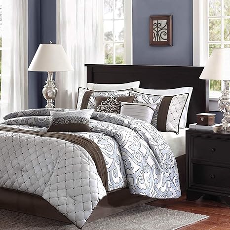 Amazon Com 7 Pc Brown Silver Blue Beautiful Comforter