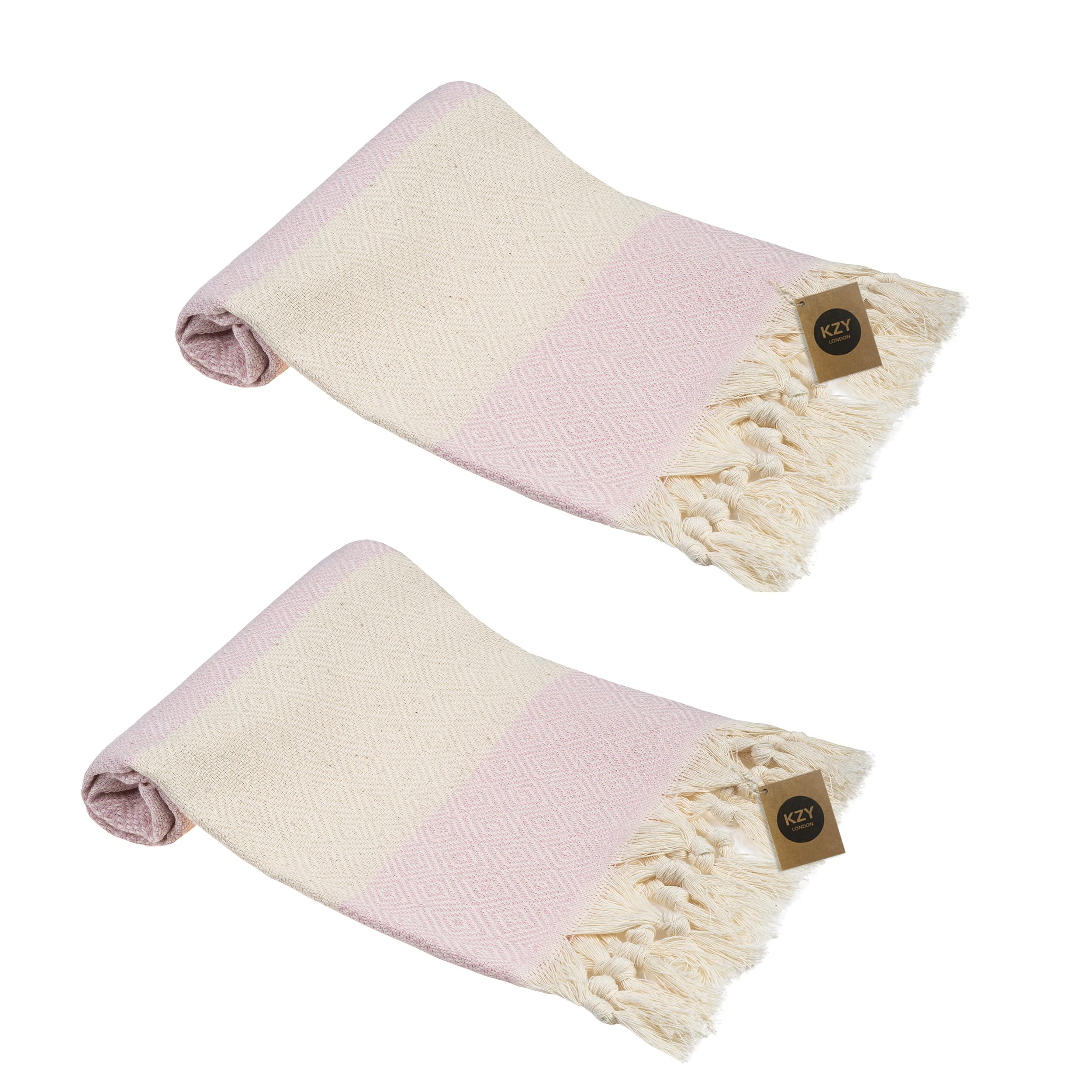 KZY LONDON Turkish Hand Towel Set of 2 - Towel for Kitchen and Bathroom - 50x100cm, 18,5x40 Inches - Prewashed Absorbent Peshtemal Decorative Towel for Face, Hand, Hair, Gym, Travel (Pink)