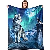 Wolf Blanket for Kids 50"x 60", Moon Forest Mountain Throw Blanket, Wolf Gifts for Women Men, Blue Teal Soft Cozy Lightweight Flannel Throws Blankets for Couch Bed Sofa Chair Decor
