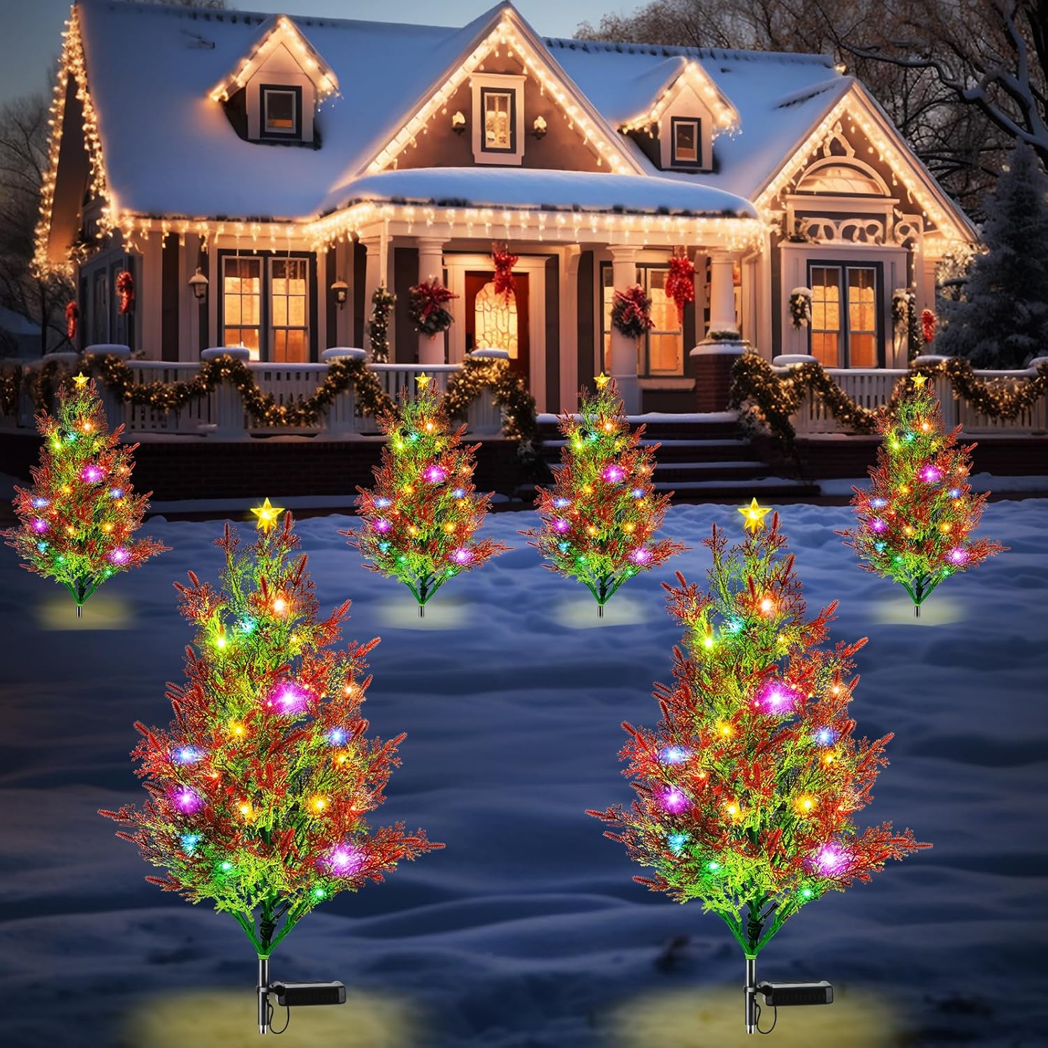 Lighting - Christmas Decorations Outdoor Solar Lights: 4 Pack Upgraded 10 LED Solar Christmas Tree Lights, 2 Lighting Modes outside Waterproof Solar Christmas Stake Lights for Yard Garden Pathway Lawn Xmas Decor