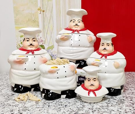 Amazon Com Bistro Fat Chef Canister Set Ceramic Kitchen Decor Kitchen Storage And Organization Product Sets bistro fat chef canister set ceramic