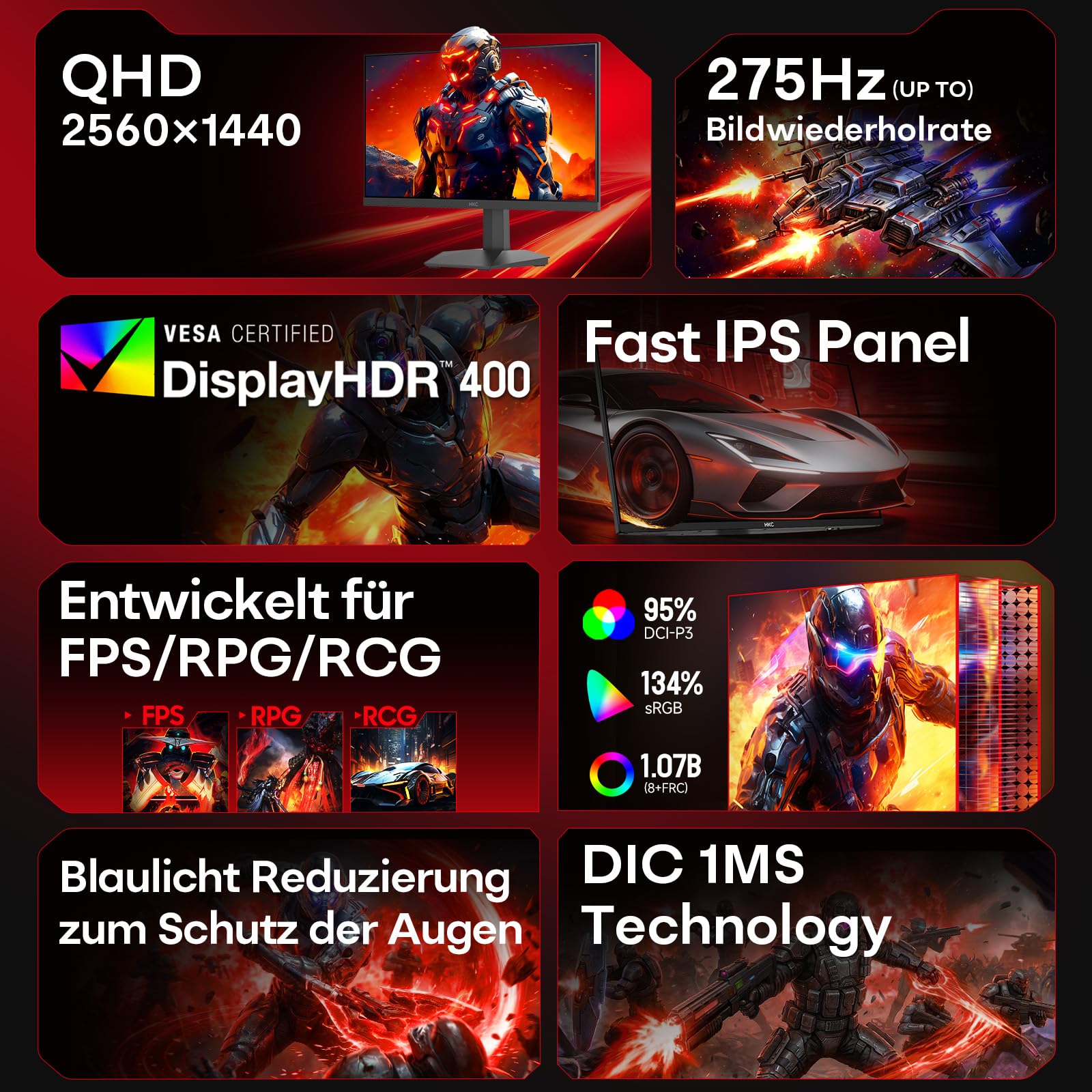 HKC G27H4D 27 Zoll Gaming Monitor QHD 260Hz(bis zu 275Hz) IPS Bildschirm 2