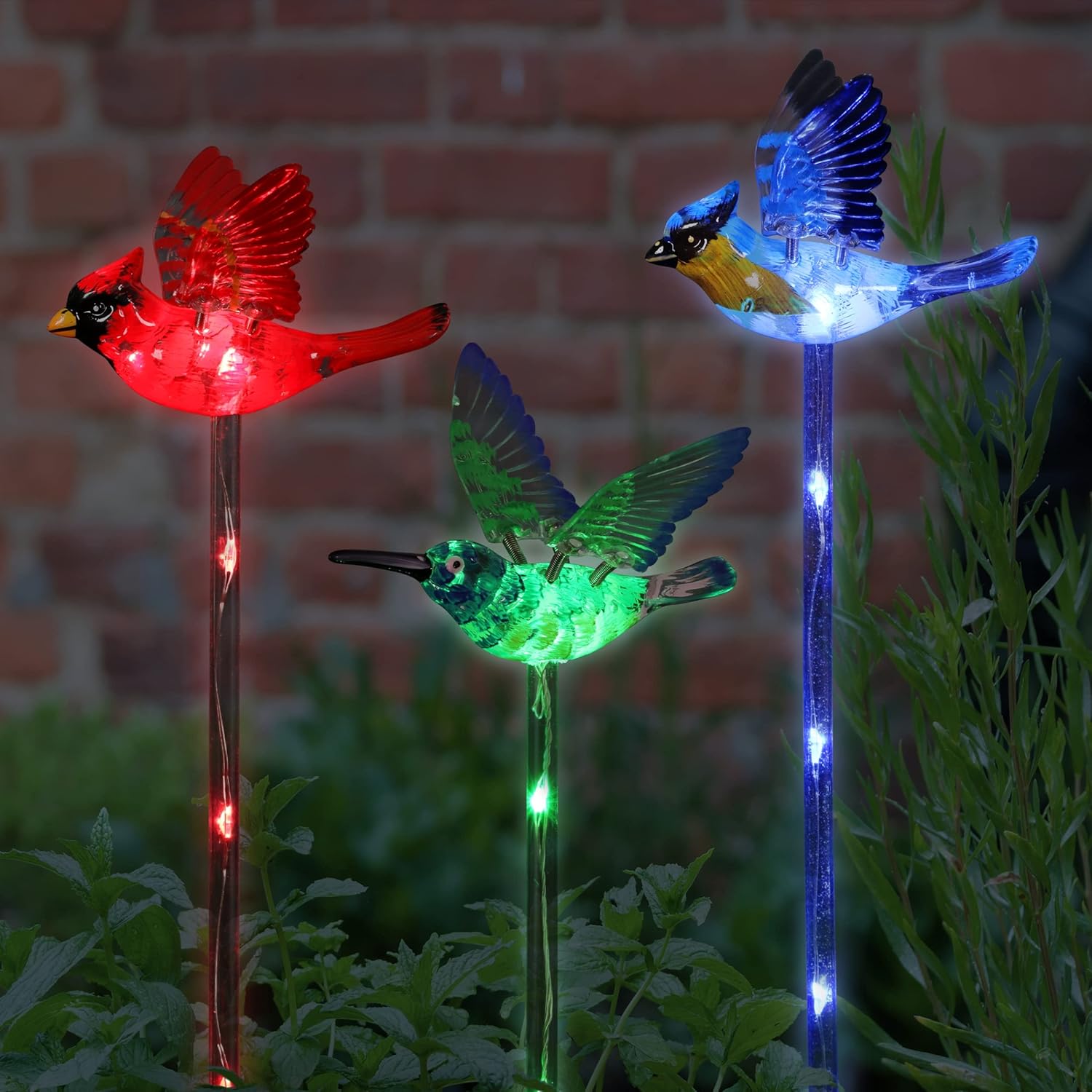 Decorative Garden Stakes - Exhart Garden Stake, Set of 3 Bird Garden Solar Lights Stakes, Colored LEDs, WindyWing Outdoor Garden Decorations, Cardinal, Hummingbird, and Blue Bird, 4 x 24 Inch