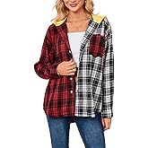 Women’s Button Down Shirt Plus Size Blouse Shirts Tartan Plaid Color Block Casual Oversized Boyfriend Hooded Outwear