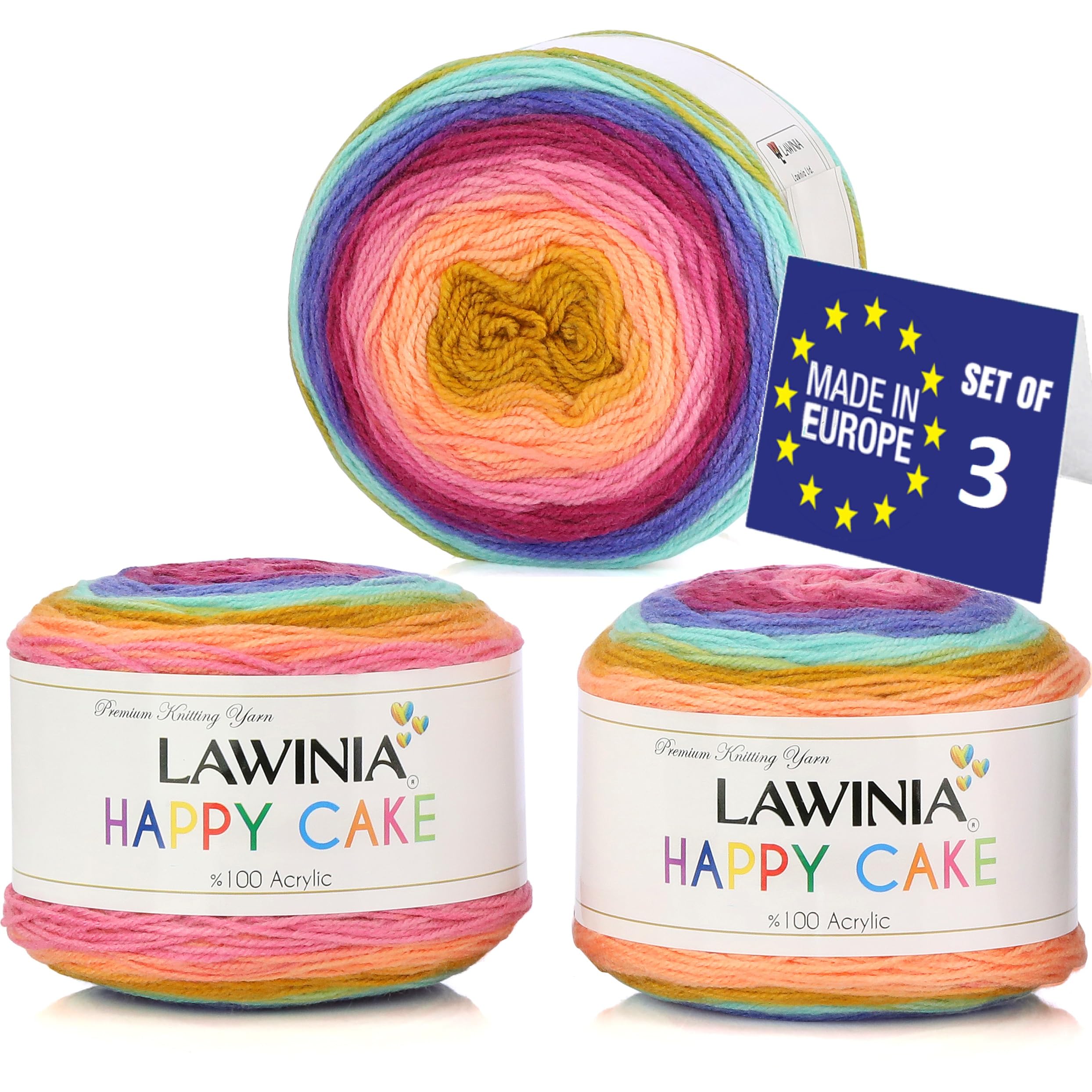 LAWINIA Happy Cake Premium Rainbow Yarn DK, Pack of 3 Each 150g - 530m Cake DK Knitting Yarn, Gradient Rainbow Wool for Knitting, Multicoloured Wool