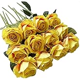 UKELER 12 Pcs Artificial Rose Flowers Blossom Real Touch Silk Faux Roses with Long Stem Rose Bouquets for Home Decoration Wedding Party Garden Floral Decor, Yellow