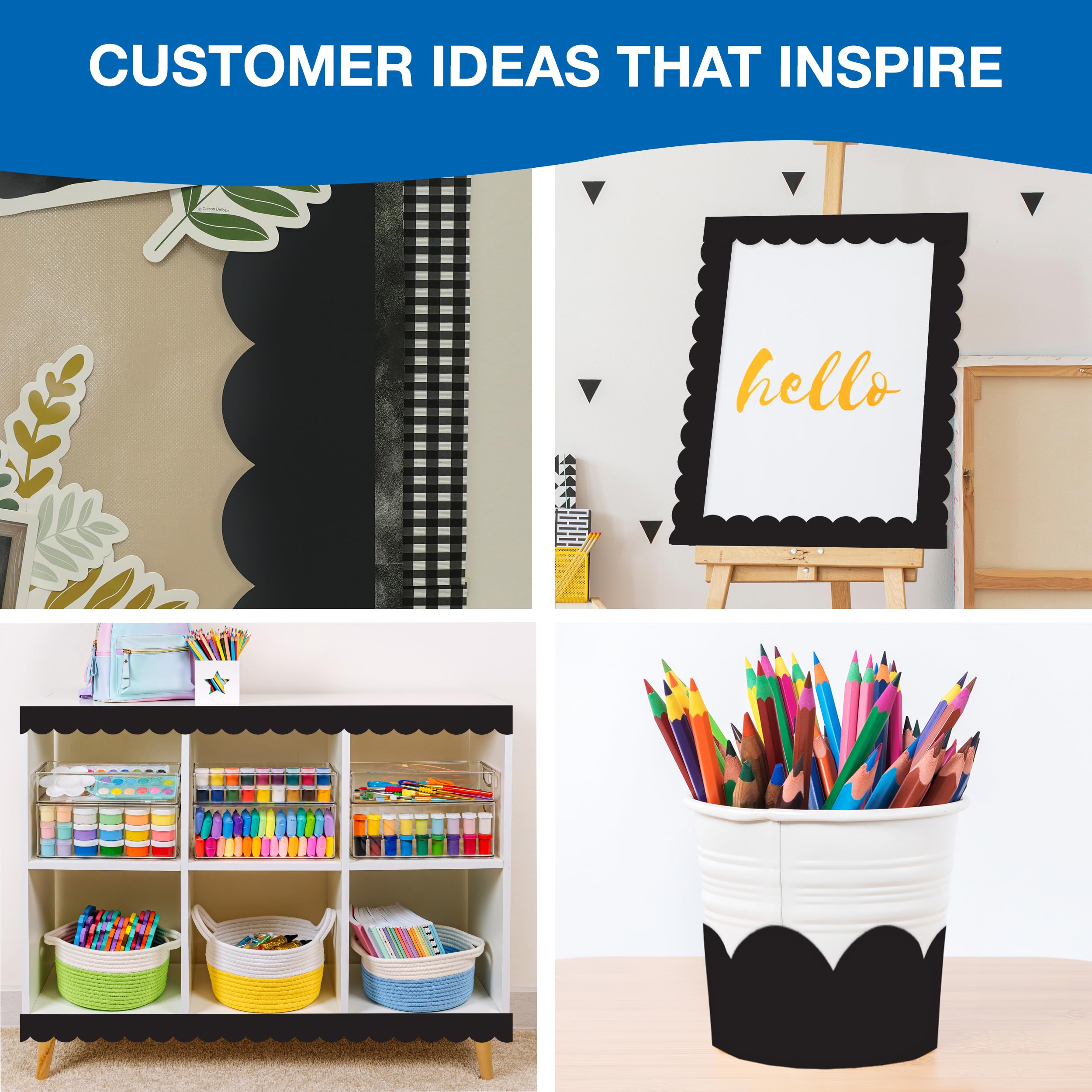 Carson Dellosa Education 65Ft of Black Bulletin Board Borders, 1 Roll of Scalloped Trim for Rolling Whiteboard, Cork and Posterboard, Party, Office Decorations, and Classroom Decor