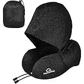 Joytential Travel Neck Pillow with Large Hood for Long Flights, Privacy Hooded Plane Pillow with Skin-Friendly Cover, Comfort Memory Foam, Travel Pillows for Road Trip, Airplane, Office Rest (Black)