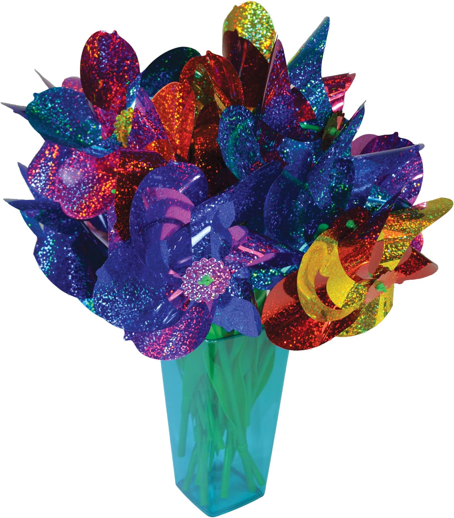 In the Breeze Mylar Rainbow Flower Pinwheel with Leaves - Assorted 2 Tone Color Spinners - 16 Pieces