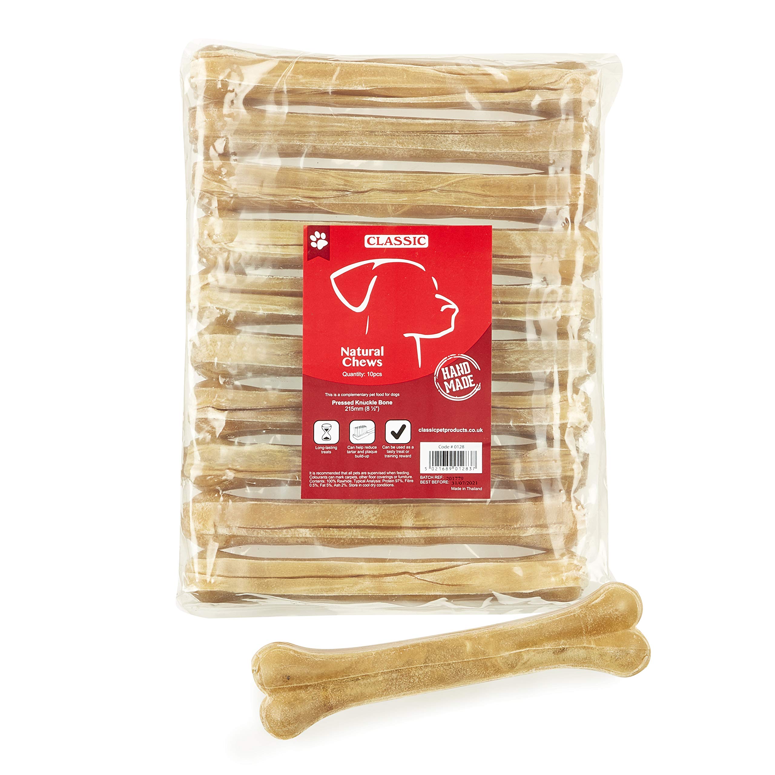 Classic Pet Products Rawhide Pressed Knuckle Bone for Dogs, 215 mm, Pack of 10