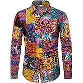 QZH.DUAO Mens 70s Disco Linen Shirts Casual Paisley Tops Floral Vintage Long Sleeve Shirt