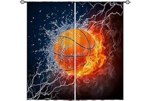 YUANZU Kids Basketball Curtains W42 x L63 Inch Rod Pocket Sports Fire Ball Water Flame Thunder Lightning Print Pattern Privacy Fabric Window Drapes for Boys Bedroom Nursery Baby Playroom 2 Panels