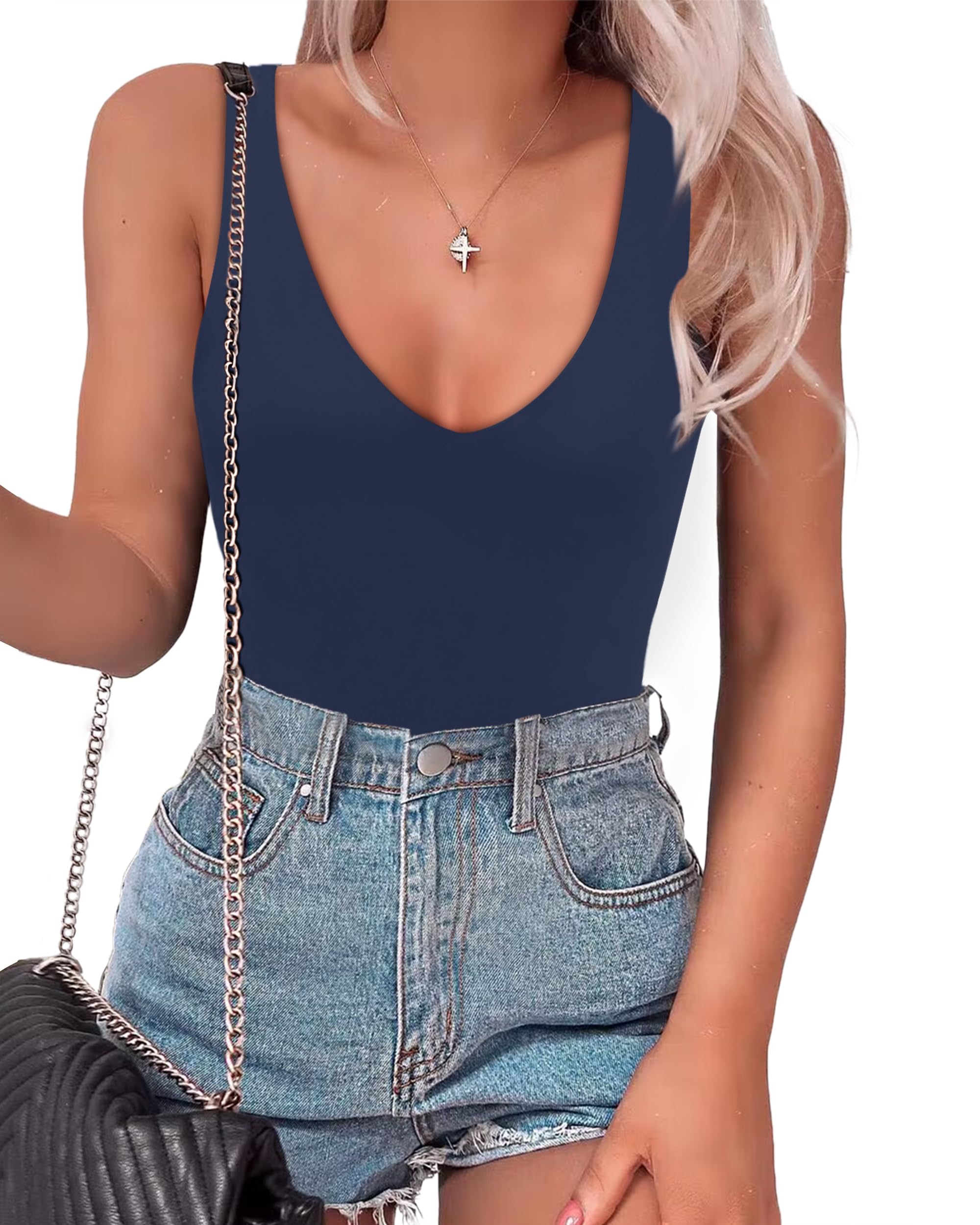 Photo 1 of SAUNGKUAI Women’s Bodysuit Sexy Plunge Deep V Neck Backless Sleeveless Tank Thong Body Suits Outfits for Going Out Navy Blue L