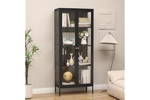 SteeLoong Display Cabinet with Glass Doors，66” Black Glass Storage Cabinets with Adjustable Shelves，Metal Curio Cabinet for Collectibles，Livingroom