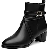 NUMALEO Womens Fashion Casual Ankle High Buckle Comfort Heeled Solid Round Toe Ankle Adjustable Strap Synthetic Ankle Boot