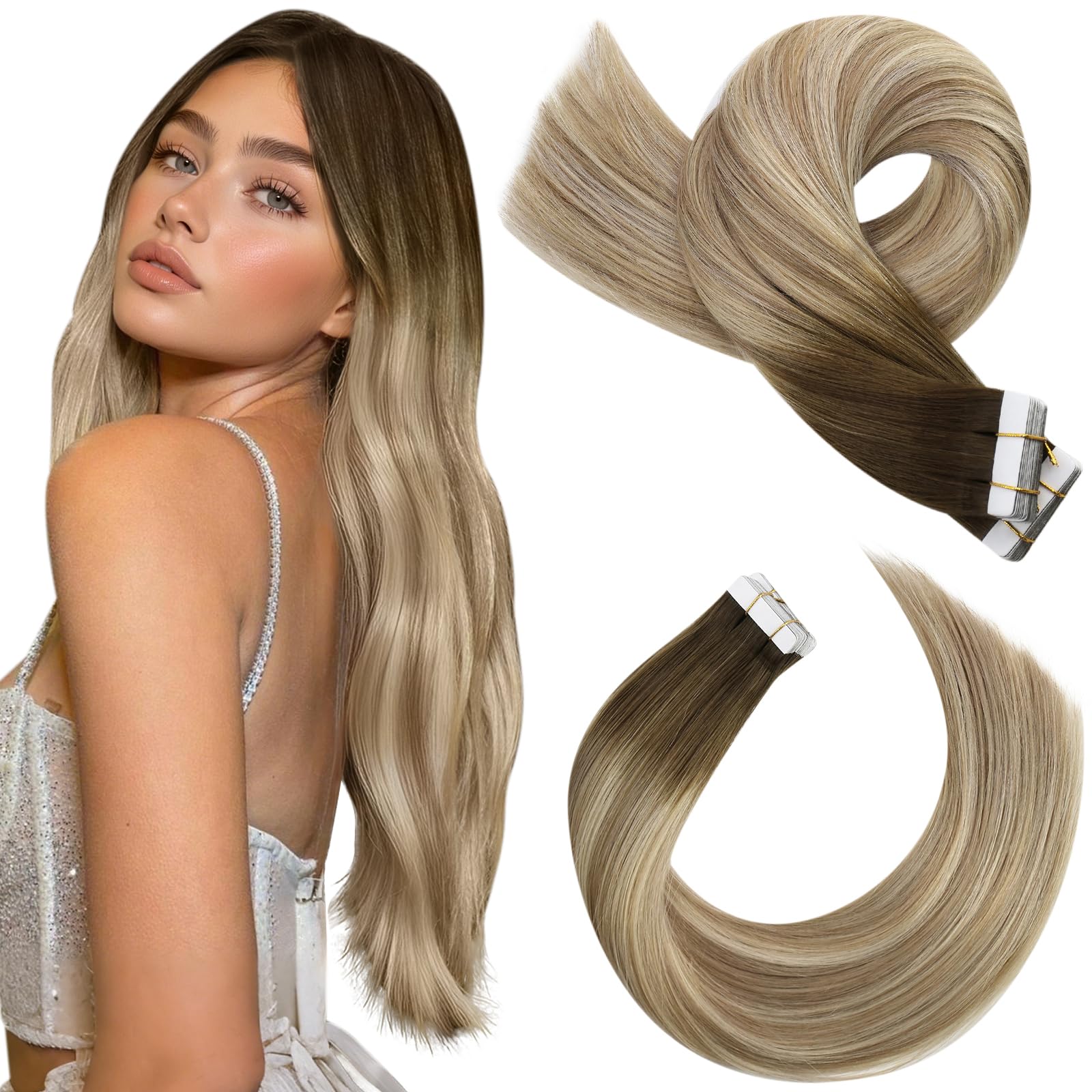 Moresoo Tape in Hair Extensions Human Hair Balayage 16 Inch Human Hair Tape in Extensions Brown Root Ombre Light Brown with Medium Blonde Real Remy Straight Hair 20 Pieces/50g #3/8/22 — image 1