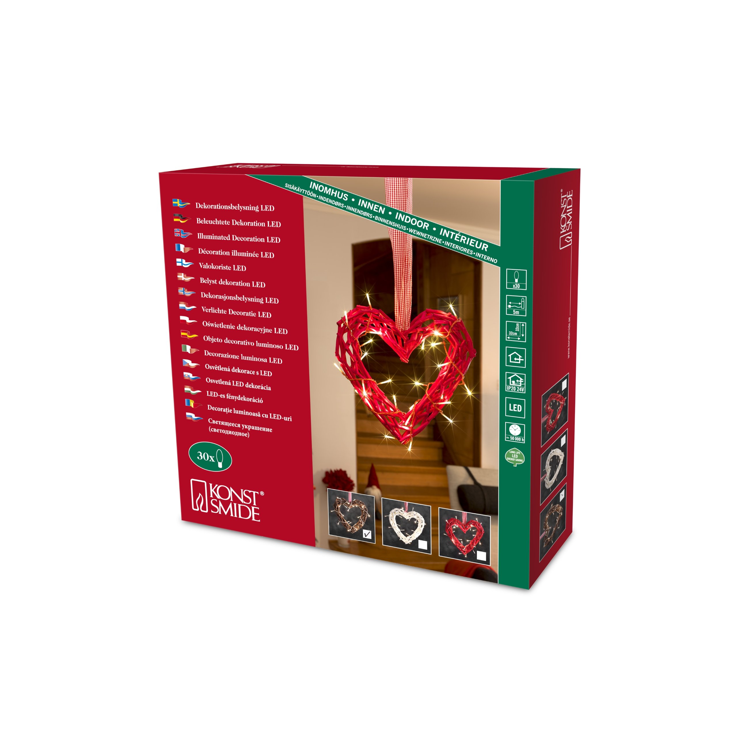 Konstsmide Christmas Lights LED Decoration Wooden Silhouette Heart, Natural/Indoor Use (IP20)/24V Internal Transformer/30 Warm White Diodes/Transparent Cable, small heart, 6217-100EE