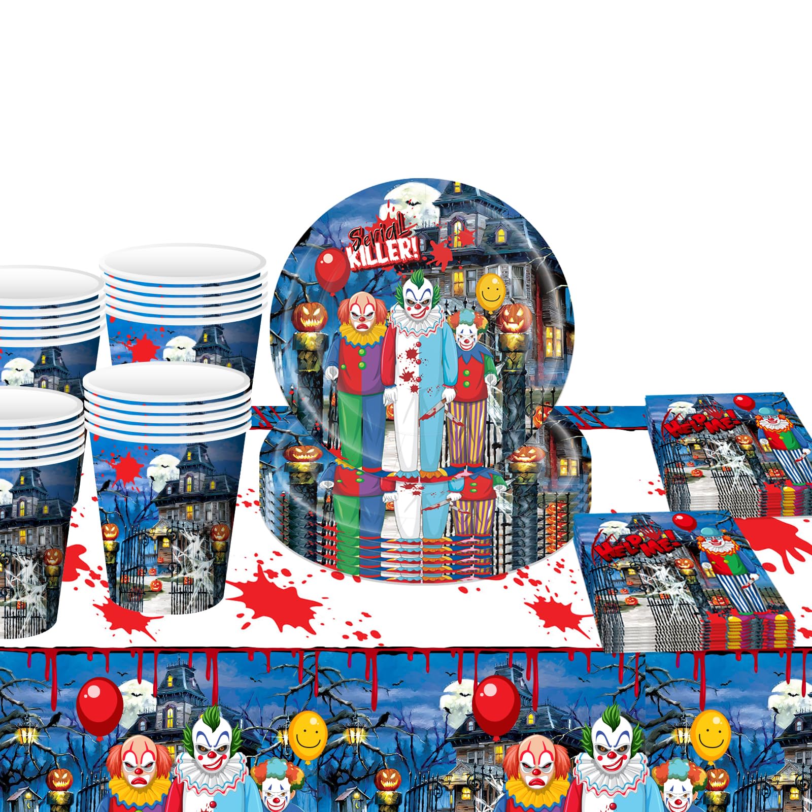 41Pcs Halloween Scary Party Tableware Decorations,Halloween Plastic Table Cloth,Paper Cups Napkins Plates Cartoon Table Cover Dinnerware for Hallo-ween Party Supplies