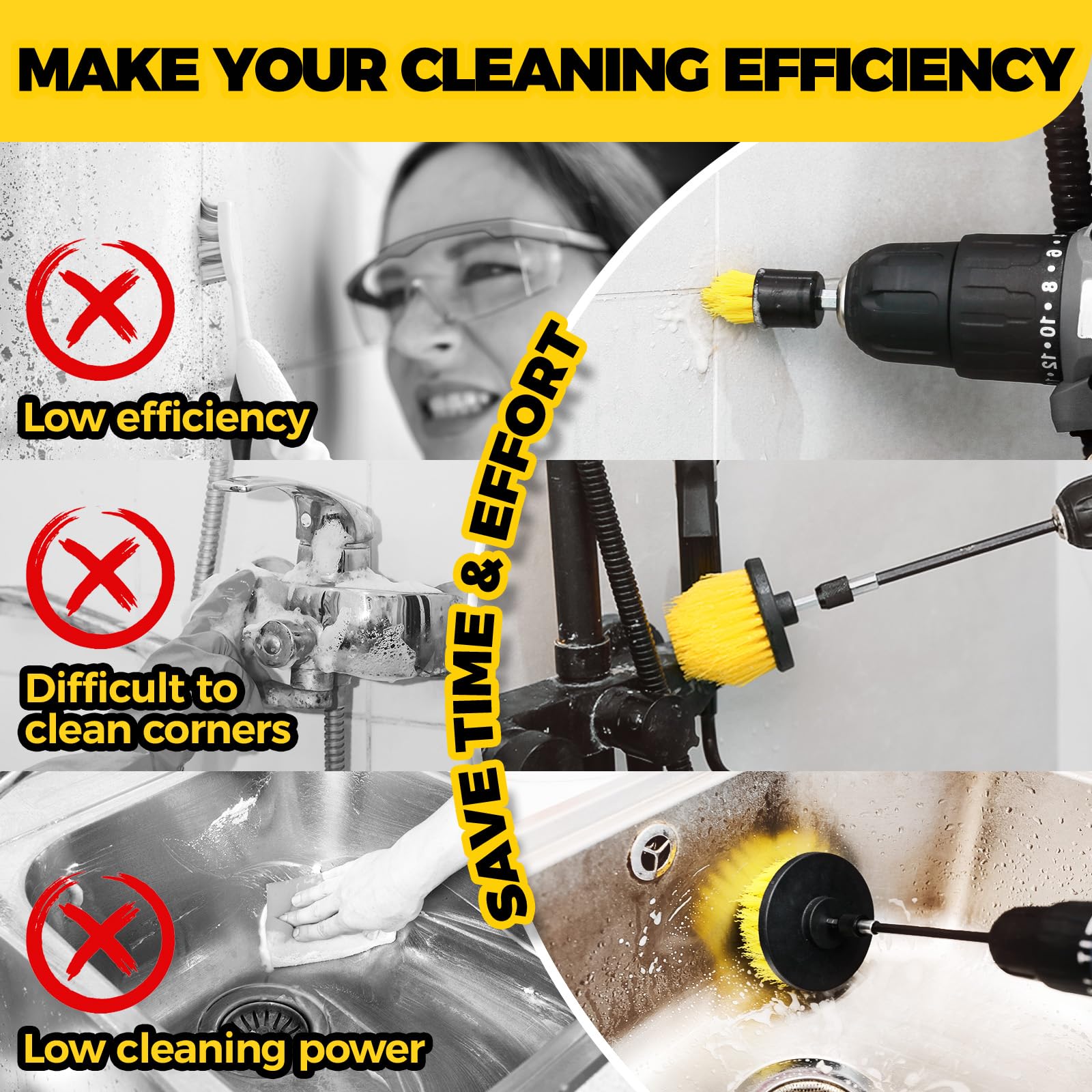 Holikme 8 Piece Drill Brush Attachments Set, Power Scrubber with Extend Long Attachment，Cleaning Supplies for Bathtub, Shower, Grout, Tile(Yellow)