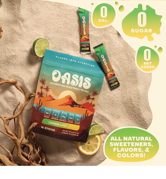 OASIS ELECTROLYTE POWDER – SUGAR FREE, ZERO CALORIE, NATURAL FLAVOR HYDRATION PACKETS FOR WORKOUT OR GOING OUT | ORS HYDRATION POWDER SOLUTION WITH 5 ELECTROLYTES, VITAMIN C | LEMON LIME (16 STICKS)