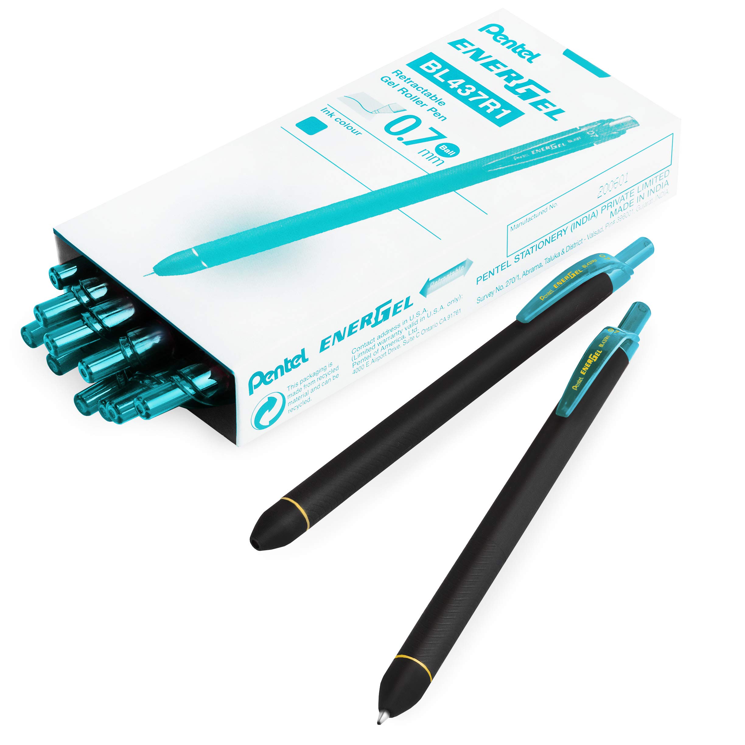 Pentel Energel BL437R1 Retractable Gel Ink Rollerball Pen - 0.7mm Nib - Turquoise Blue - Pack of 14