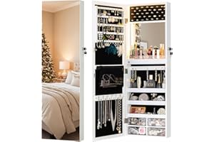 LUXFURNI Mirror Jewelry Cabinet with LED Lights, Wall-Mount/Door-Hanging Full Length Mirror with Storage, Lockable Jewelry Armoire Mirror Organizer, Built-in Makeup Mirror, White