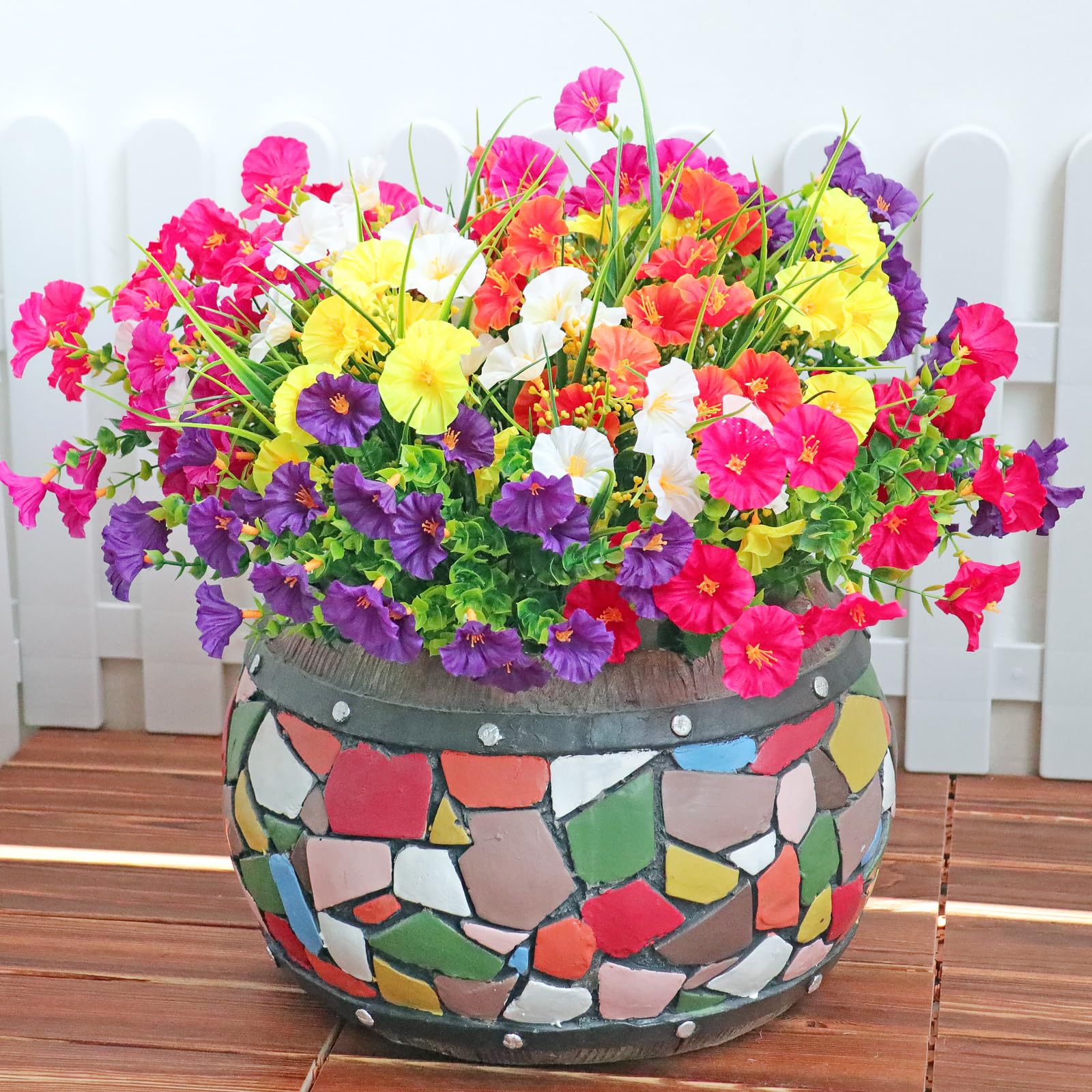 Photo 1 of 12PCS Artificial Fake Outdoor Flowers Plants, Faux Silk Realistic Morning Glory Floral Arrangement Planter UV Resistant for Porch Patio Window Box Balcony Garden Decor (12, Eucalyptus Wheat 6 Colors)