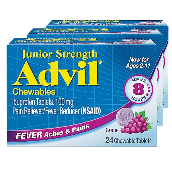 ADVIL JUNIOR STRENGTH CHEWABLE IBUPROFEN PAIN RELIEVER AND FEVER REDUCER, CHILDREN’S IBUPROFEN FOR PAIN RELIEF, GRAPE – 24 TABLETS