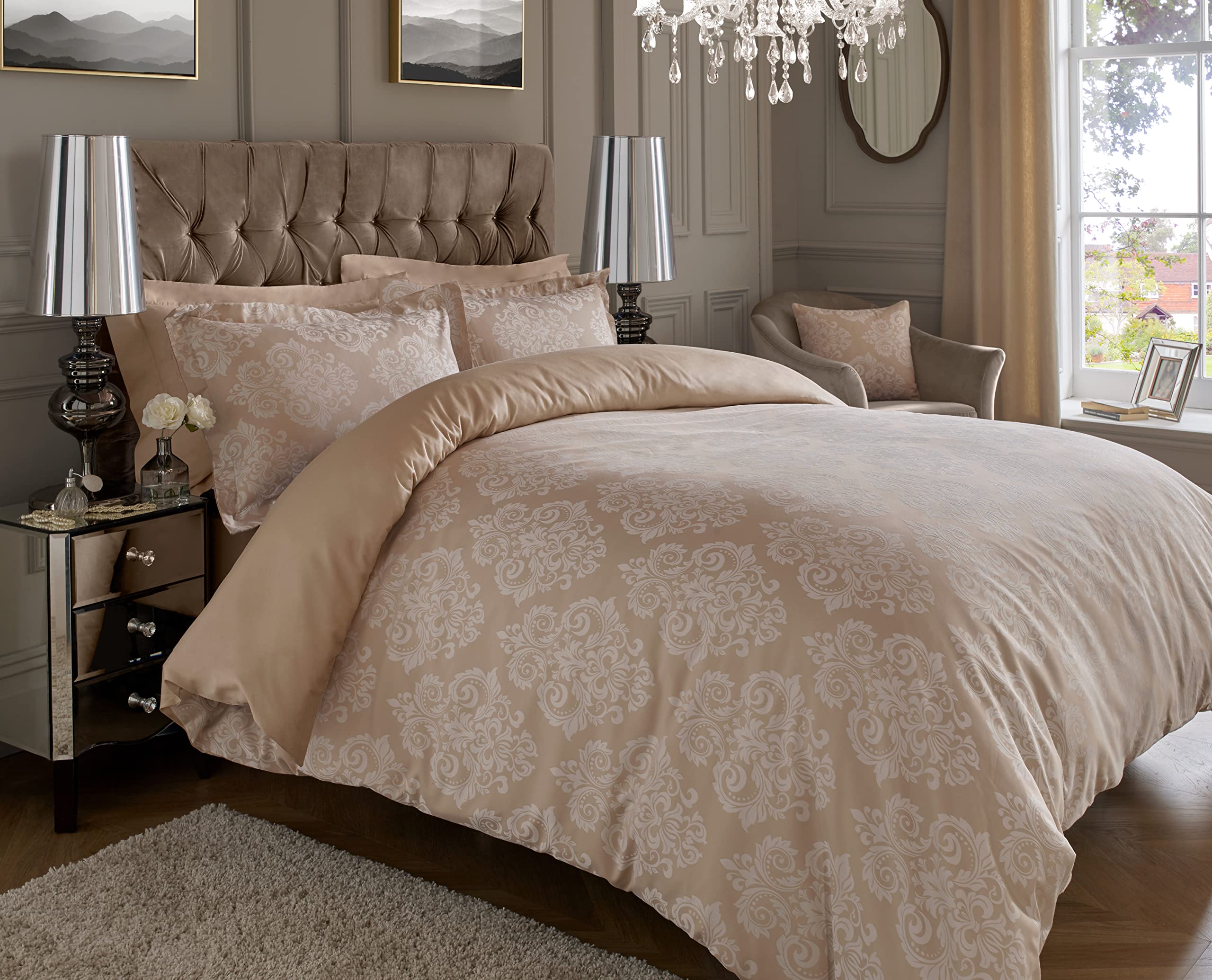 ED Luxury 600 Thread Count Jacquard Duvet Cover 3 Piece Set | Super Soft Cotton Rich & Warm Bedding | Damask Pattern Quilt Cover (Super King, Natural Damask) — image 1