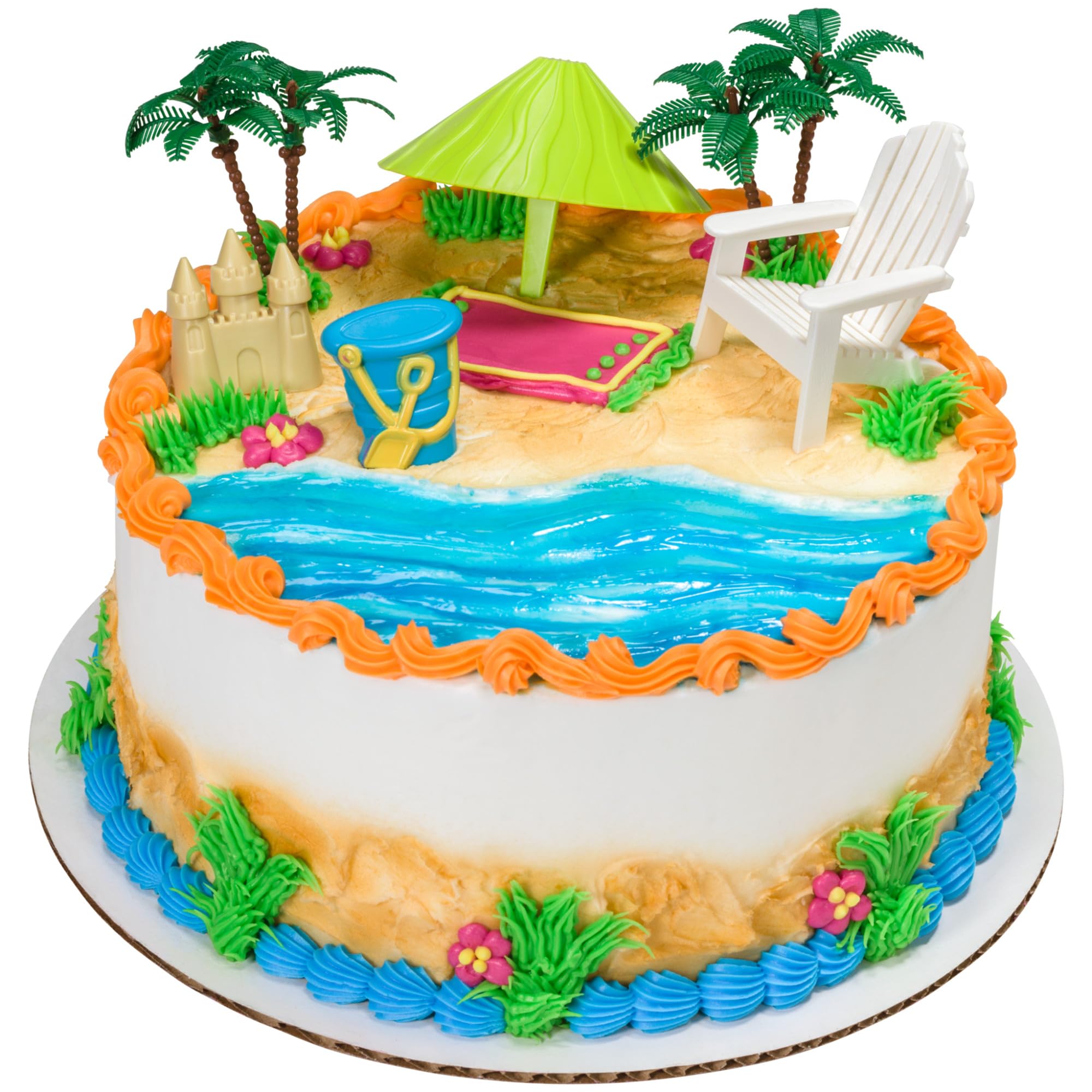DecoSet® Beach Chair and Umbrella Tropical Beach Cake Decoration, 6 Piece Cake Topper Set, Palm Trees, Deck Chair, Beach Umbrella, Sand Castle and Bucket, Food Safe,