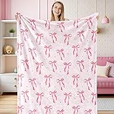 JarThenaAMCS Pink Bow Fuzzy Blanket Cute Bowknot Throw Blanket Bowtie Cozy Flannel Blanket for Valentine's Day Home Bed Sofa Couch Chair, 50 x 60 Inch