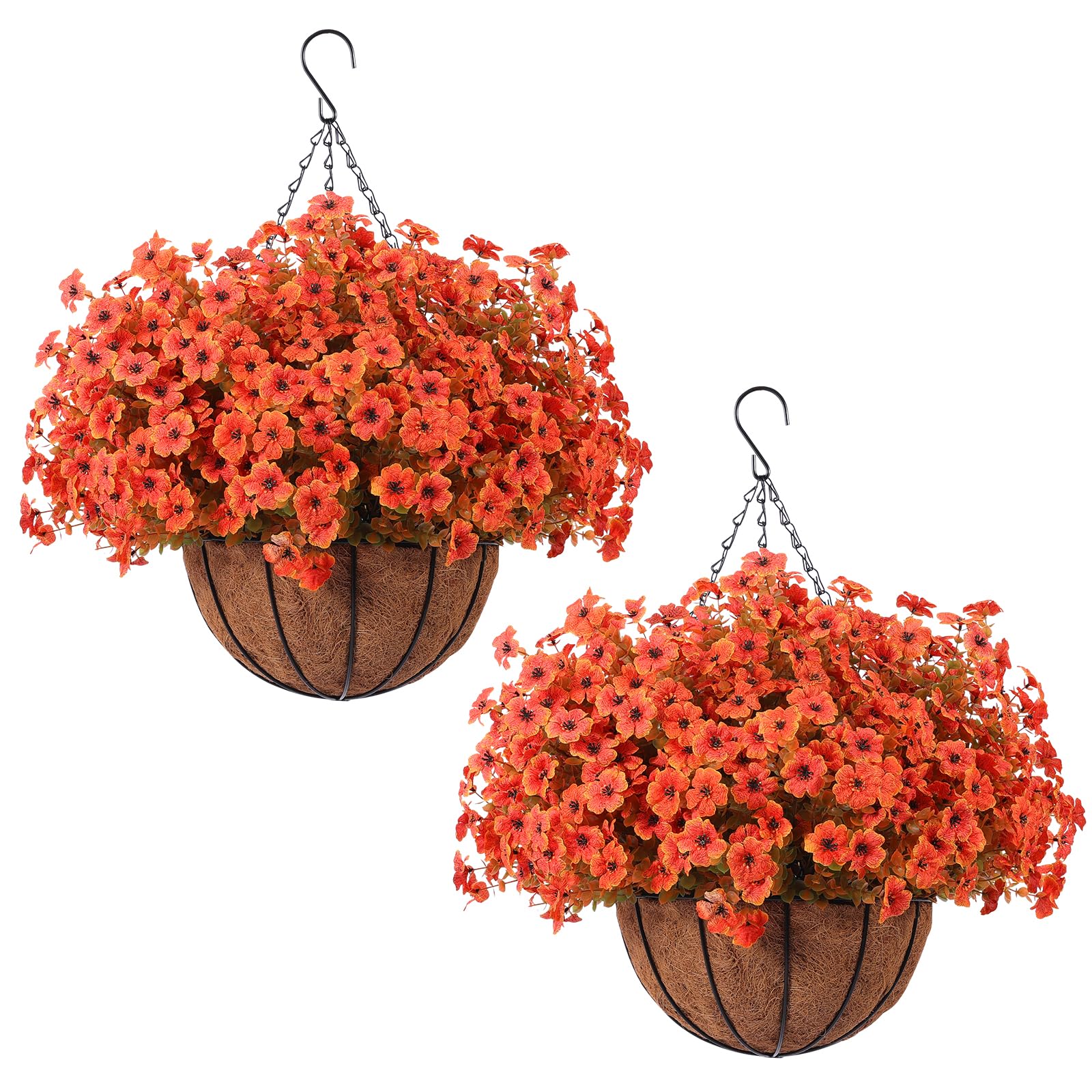 Photo 1 of Hananona 24 Pcs Artficial Outdoor Flowers with Hanging Baskets, Orange Fall mums 2 Pack Hanging Planter with Outdoor Fall Flowers for Autumn Porch Garden and Home Patio Yard Decor (2, Orange)