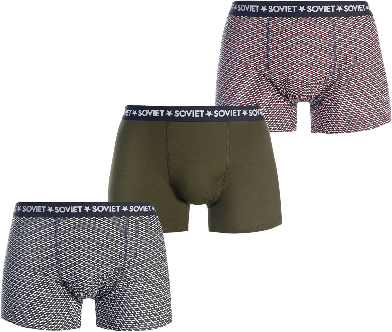 Soviet Mens Geometric 3 Pack Trunks Boxer Underwear Elasticated Waist White/Green S