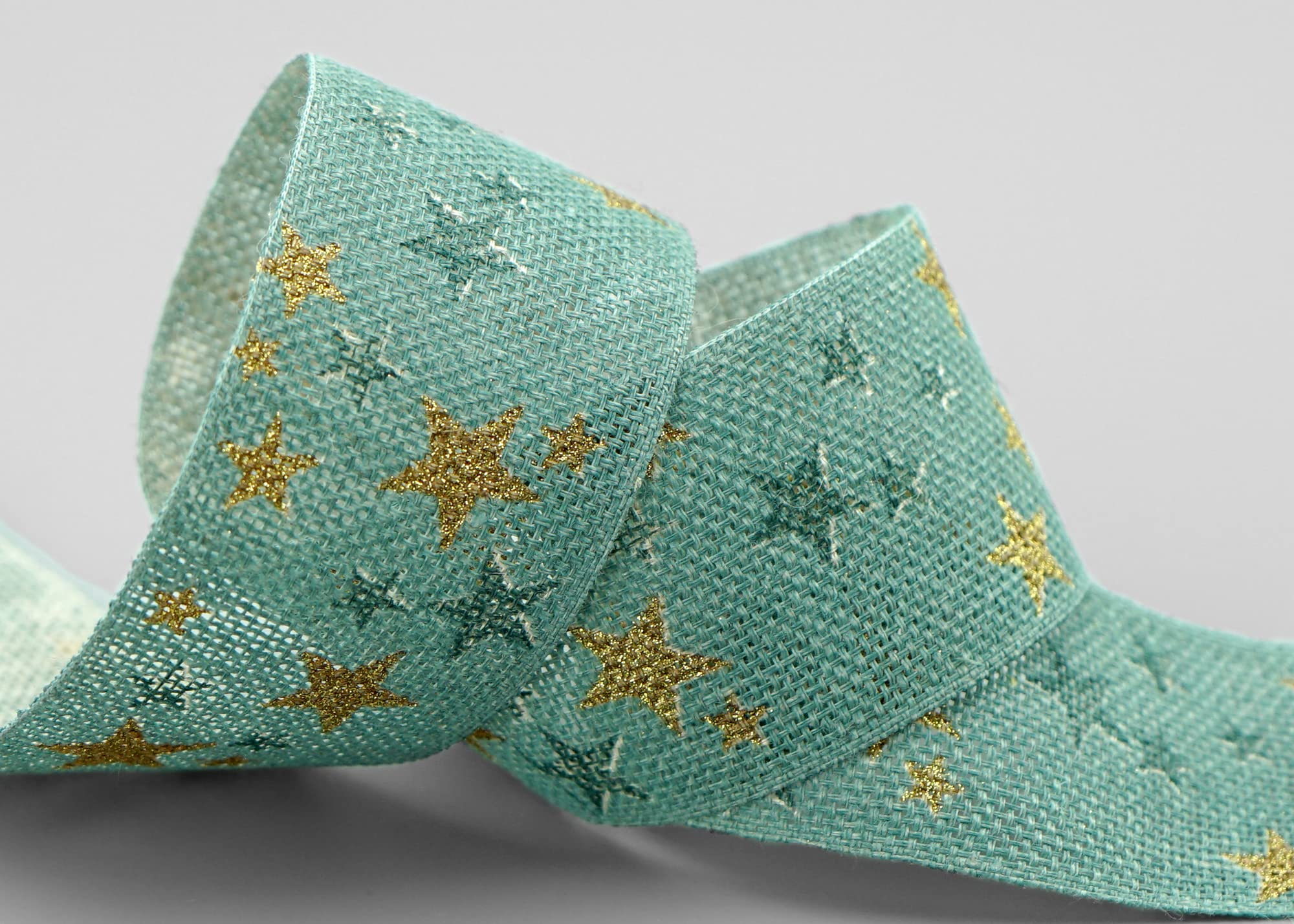 finemark 15 m x 40 mm Decorative Ribbon Country Stars Mint Antique Green Gold Ribbon Natural Fabric Ribbon Country House Christmas with Stars