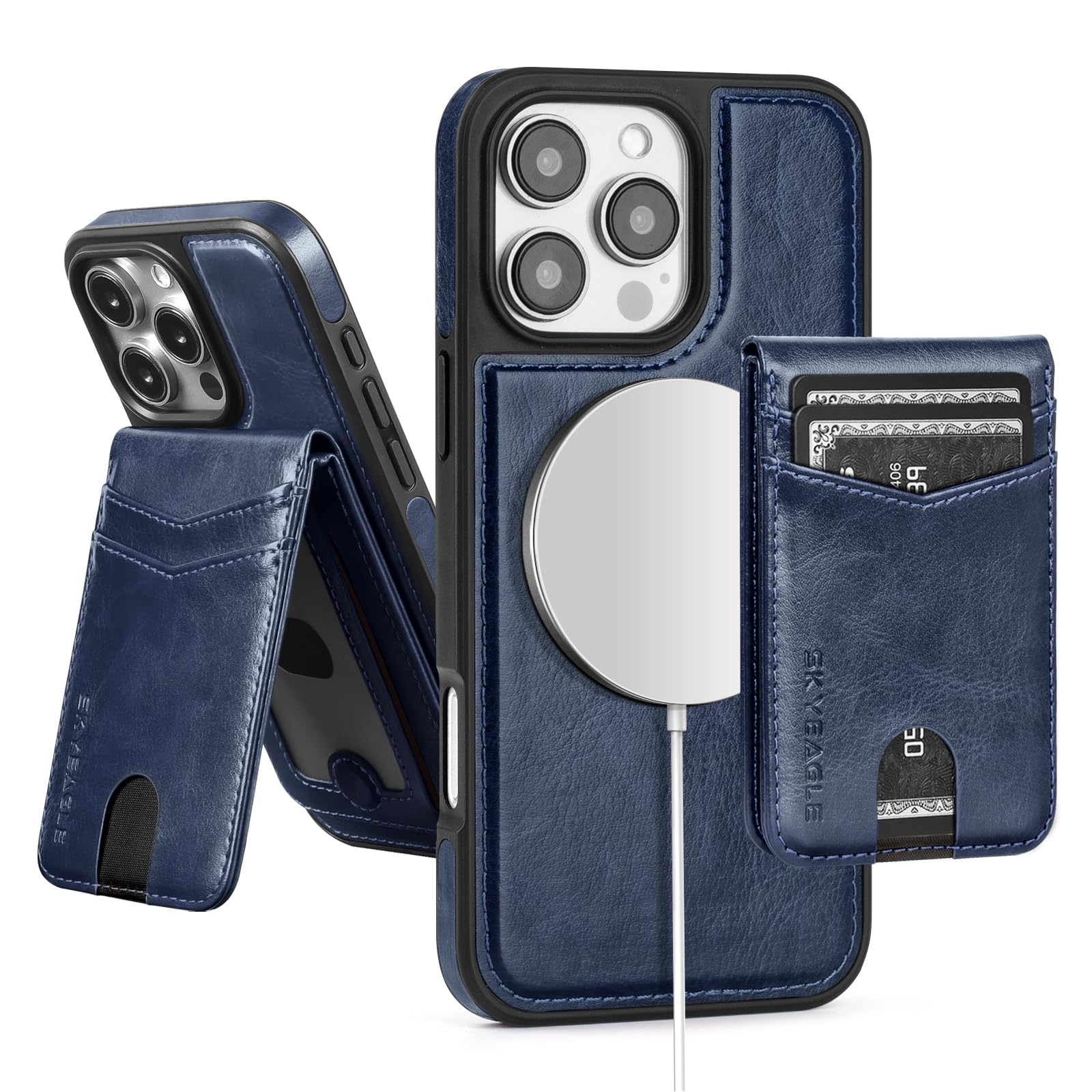 SkyEagle Compatible with Magsafe 2 in 1 Detachable iPhone 16 Pro Wallet Case with Card Holder Women Men,Magnetic PU Leather RFID Blocking Flip Kickstand Credit Slots,for Apple 16 Pro 6.3",Blue