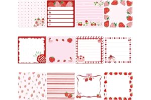12 Pack Strawberry Square Sticky Notes Set, Cute Strawberry Stationery 3x3 inch for Journaling, Bullet Journal, Office Suppli