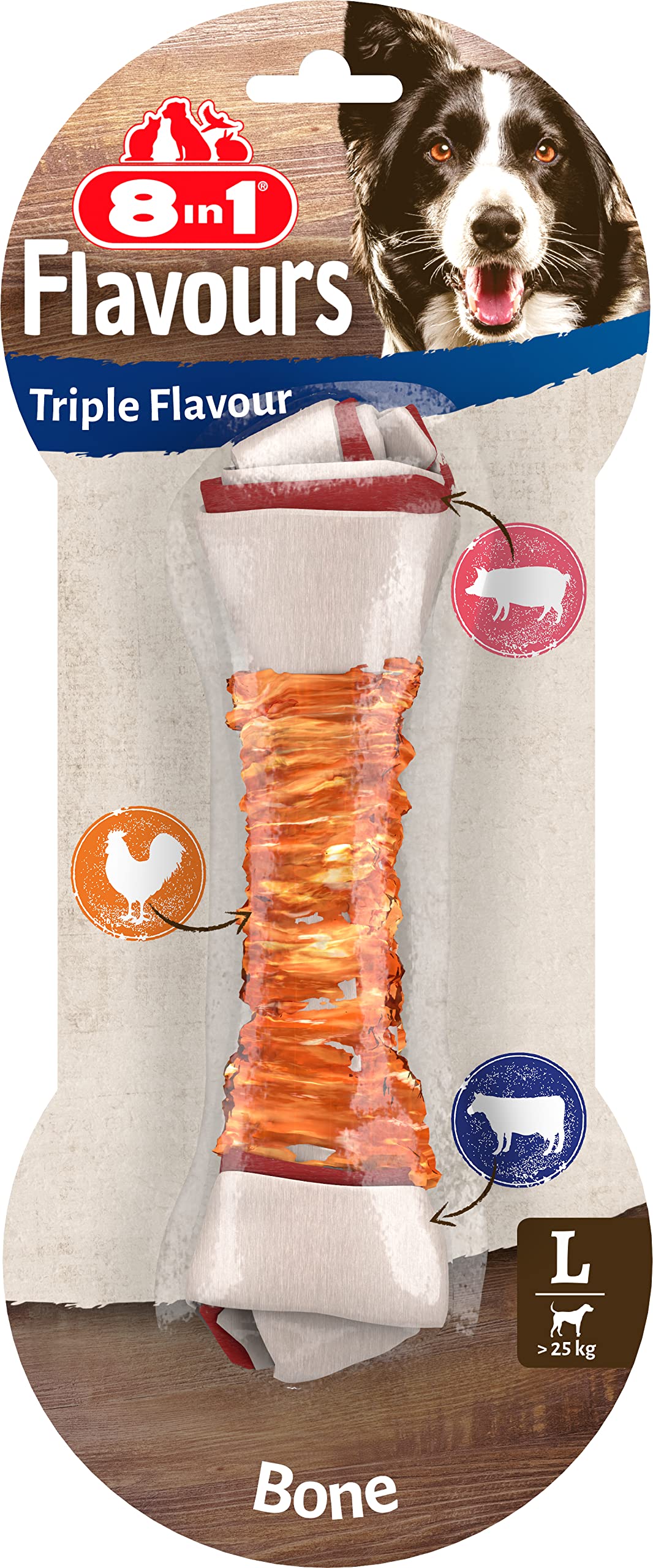 8in1 Triple Flavour Bone L - chewy dog bone with chicken fillet, pork hide and beef hide, 1 pc.