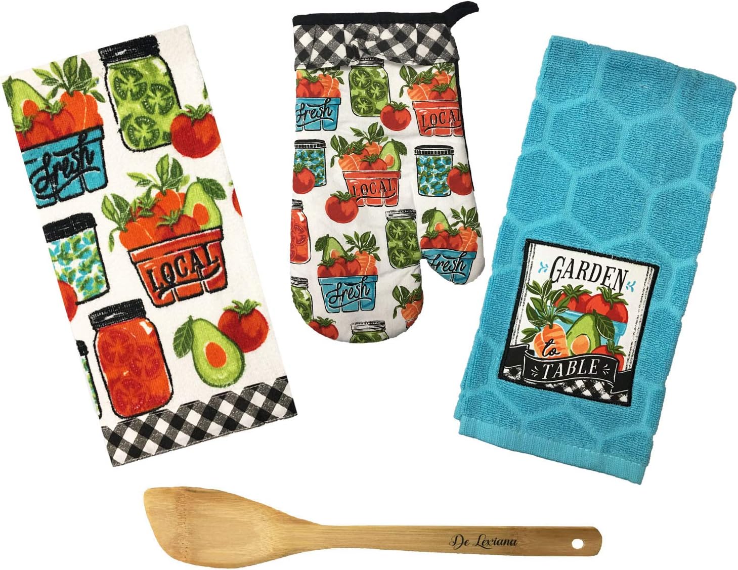 Kitchen Linen Set Dish Towels, Oven Mitt and Bamboo Spatula, for Cooking, Baking, Housewarming and Decoration, Local Farmers Market Theme