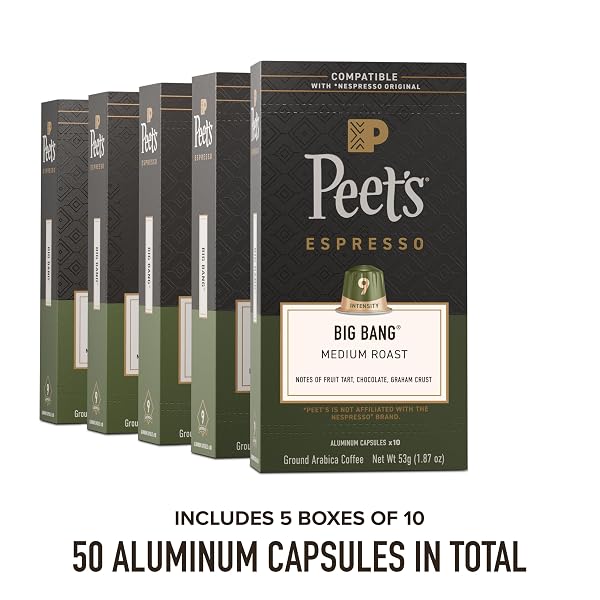 PEET’S COFFEE, MEDIUM ROAST ESPRESSO CAPSULES, COMPATIBLE WITH NESPRESSO ORIGINAL MACHINES, 100% ARABICA COFFEE – BIG BANG INTENSITY 9, 50 COUNT (5 BOXES OF 10 ESPRESSO CAPSULES)