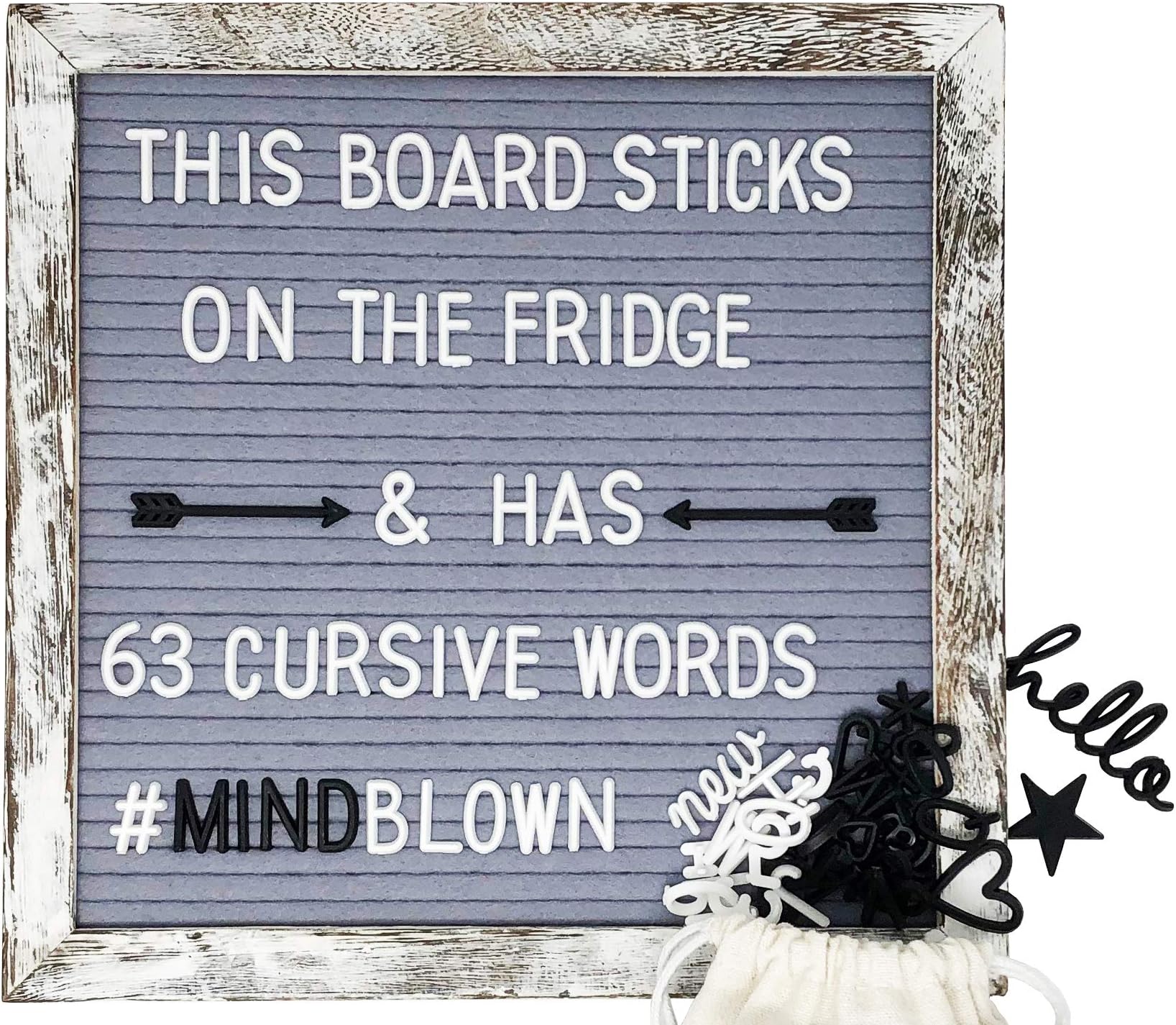Changeable Letter Board - First Ever MAGNETIC Rustic Wood Frame With Gray Felt, 10x10 Baby Announcement Board, Matching Rustic Wood Easel, Wall Hanger, 63 CURSIVE Words, & Online Message Preview Tool