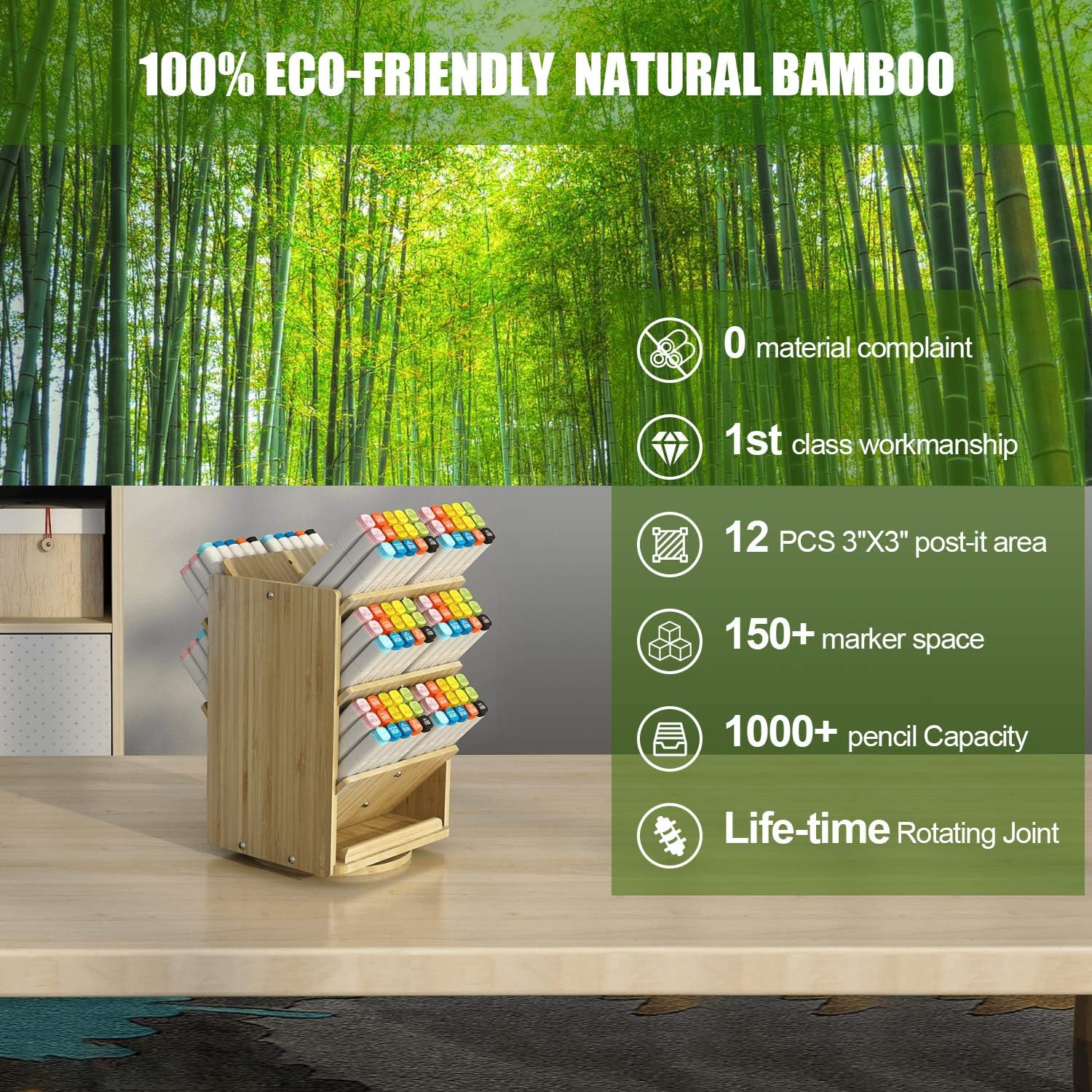 Bamboo Desk Organizer Storage Accessories - Ultra-large 13 compartments, 1000+ Pencil Holder Capacity, Easy DIY Assembly, DF Darfoo Rotating Desktop Organizer for women, Cosmetics, and Office Supplies: Home Improvement