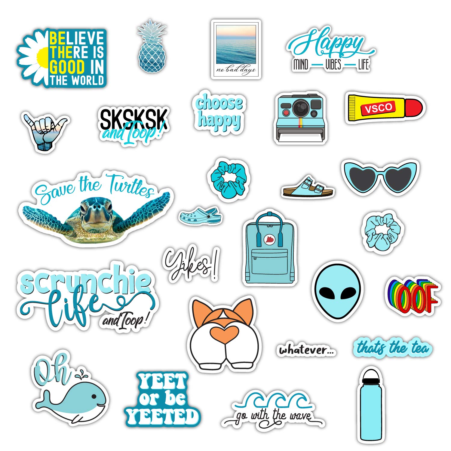 Decalcomania VSCO Teal Blue Green Vinyl Stickers - Set of 27 Decals for Tumblers Water Bottles and Laptops