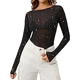 KTILG Womens Lace Long Sleeve Boat Neck Tops Sheer Blouse Sexy See Through Shirt Mesh Top S-XXL