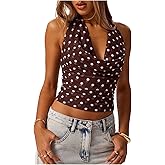 MakeMeChic Women's Halter Polka Dots Top Y2k Going Out Tops Backless Deep V Cowl Neck Tops
