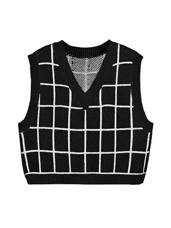 SheIn Women's V Neck Plaid Print Sweater Vest Sleeveless RibKnit Crop