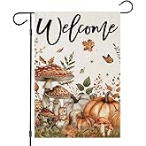 Welcome Thanksgiving Garden Flags 12x18 Inch Double Sided, Seasonal Fall Mushrooms with Pumpkins Small Yard Decor for Harvest Autumn Holiday Outside Outdoor