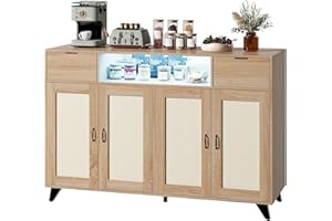 Garvee Rattan Sideboard Buffet Cabinet, 2 Drawers Accent Storage Cabinet, 4 Doors Console Table Coffee Bar with Power Outlet,