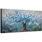 Acocifi Tree of Life Canvas Wall Art for Living Room, 30% Handmade Textured Painting 40"x20", Blue Tree Nature Landscape Picture Artwork Large Framed for Bedroom Home Office Wall Decor