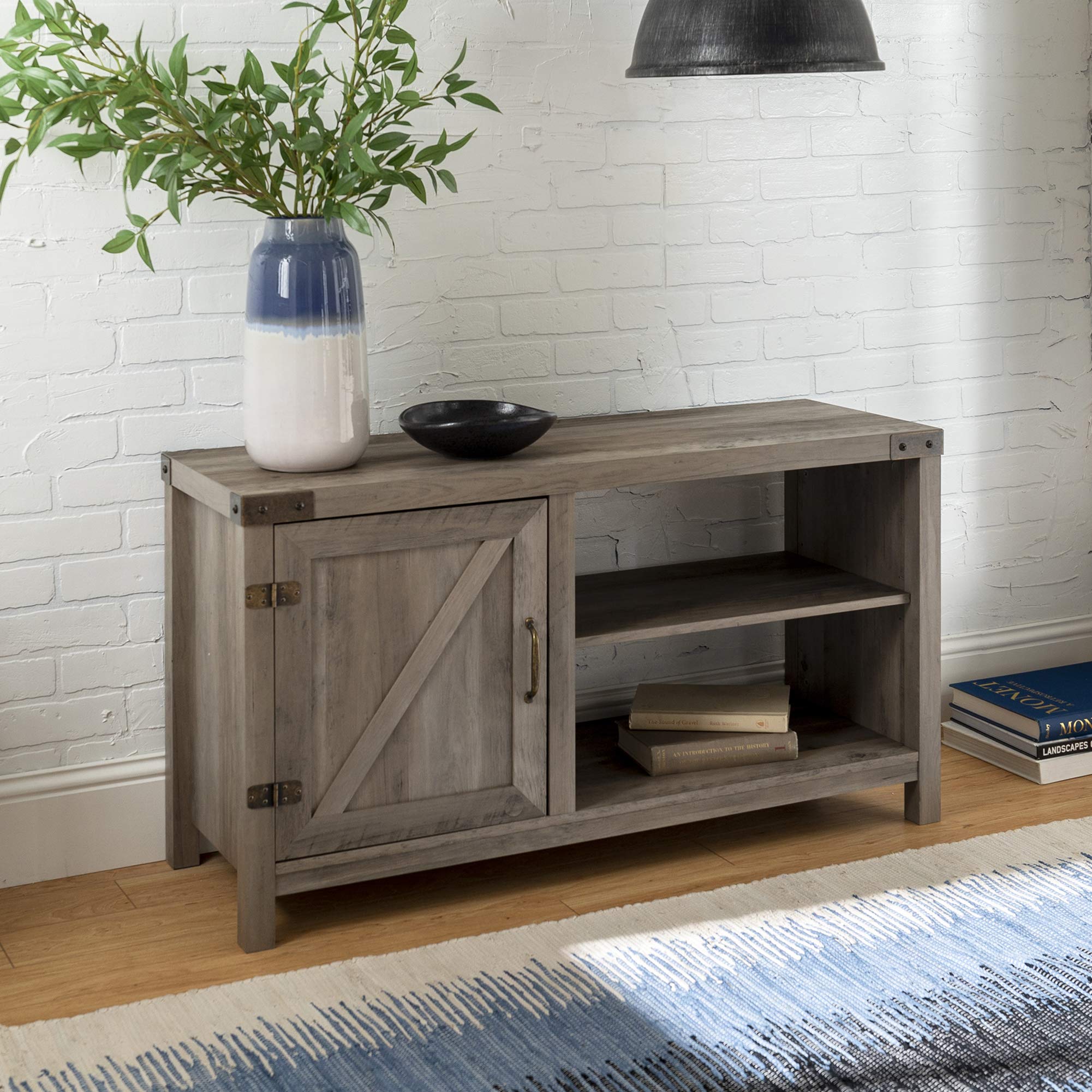 Walker Edison Modern Farmhouse Barn Door Wood Stand for TV's up to 48 inch, Storage Cabinet Doors and Shelves, 44 Inch, Grey Wash